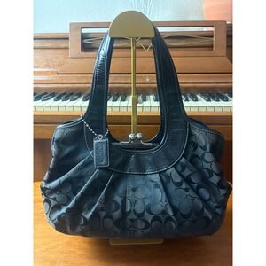 Coach Signature Kisslock Pleated Satchel Black Jacquard Leather Trim F14381